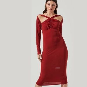 Brand New ASTR the Label Red Cutout Detail Long Sleeve Body-Con Dress